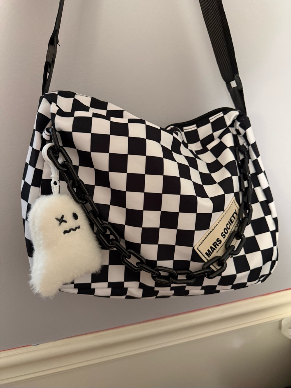 Society Black & White Checker Shoulder Bag with Chain - Picture 2 of 8